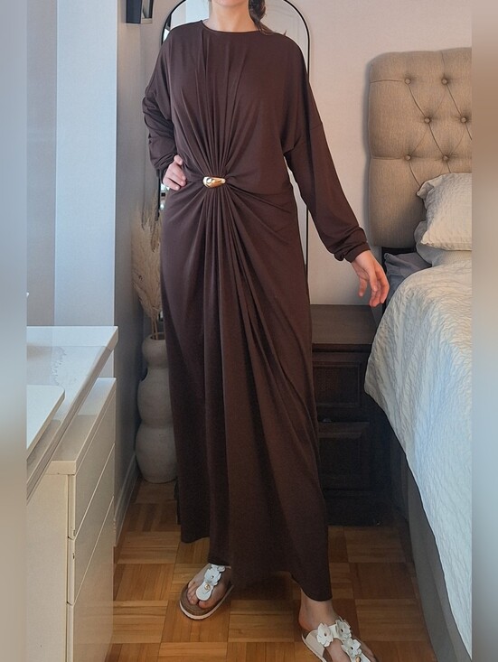 Commense Dresses & Skirts - Commense Chocolate Brown Maxi Dress with Twist knot and Gold Accent brooch